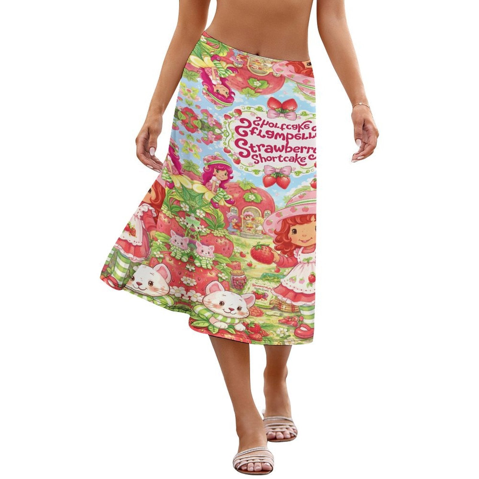 Strawberry Shortcake Vintage Midi Skirt – Retro Cute Cartoon A-Line Skirt