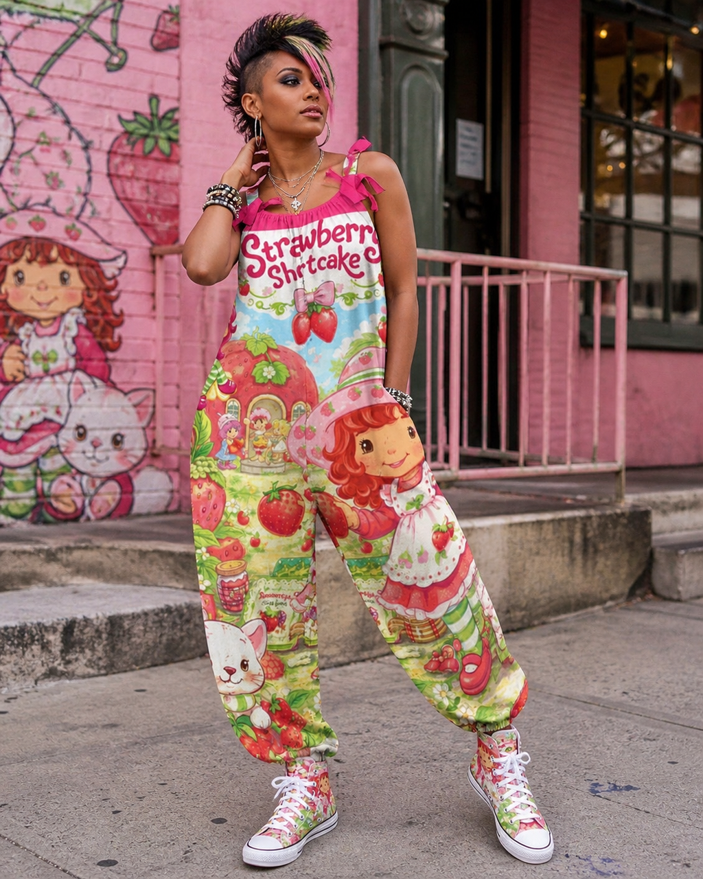 Strawberry Shortcake Jumpsuit Women Cute Cartoon Romper Summer Outfit Plus Size S-3XL