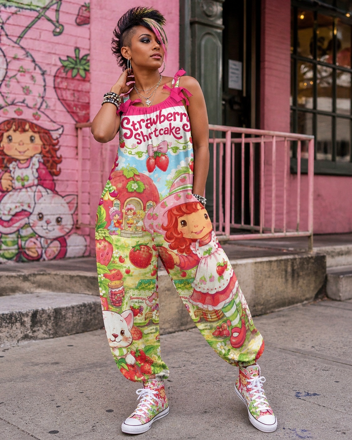 Strawberry Shortcake Jumpsuit Women Cute Cartoon Romper Summer Outfit Plus Size S-3XL