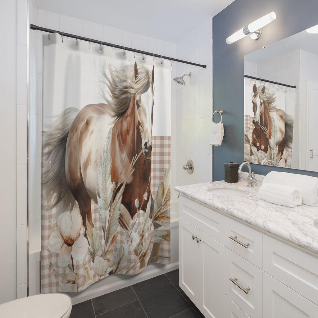 Rustic Horse in Beige Gingham Plaid Shower Curtain