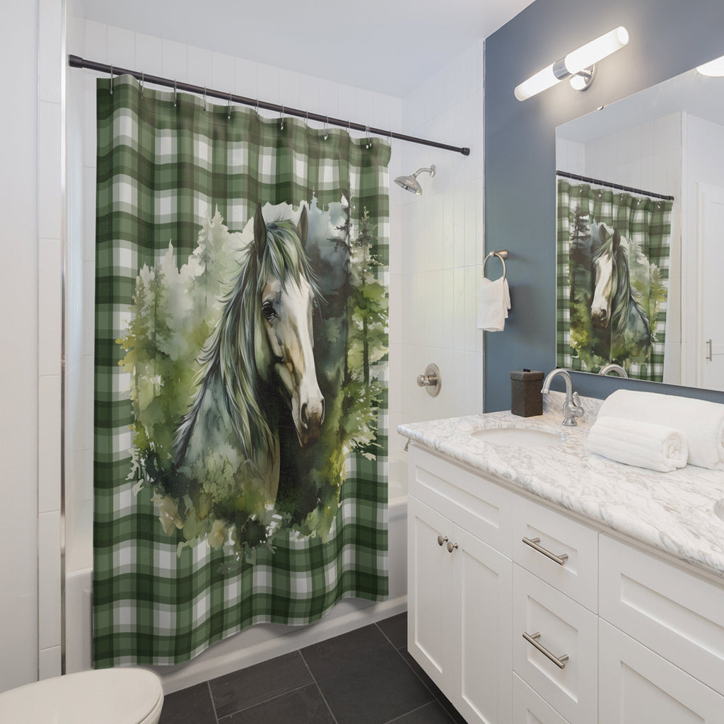 Horse in Full Green Gingham Plaid Shower Curtain
