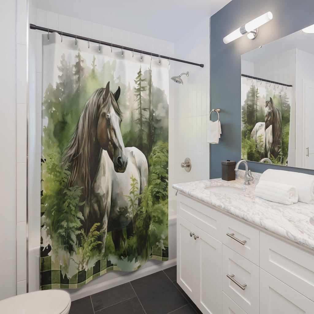 Majestic Horse In Green Grey Watercolor  Shower Curtain