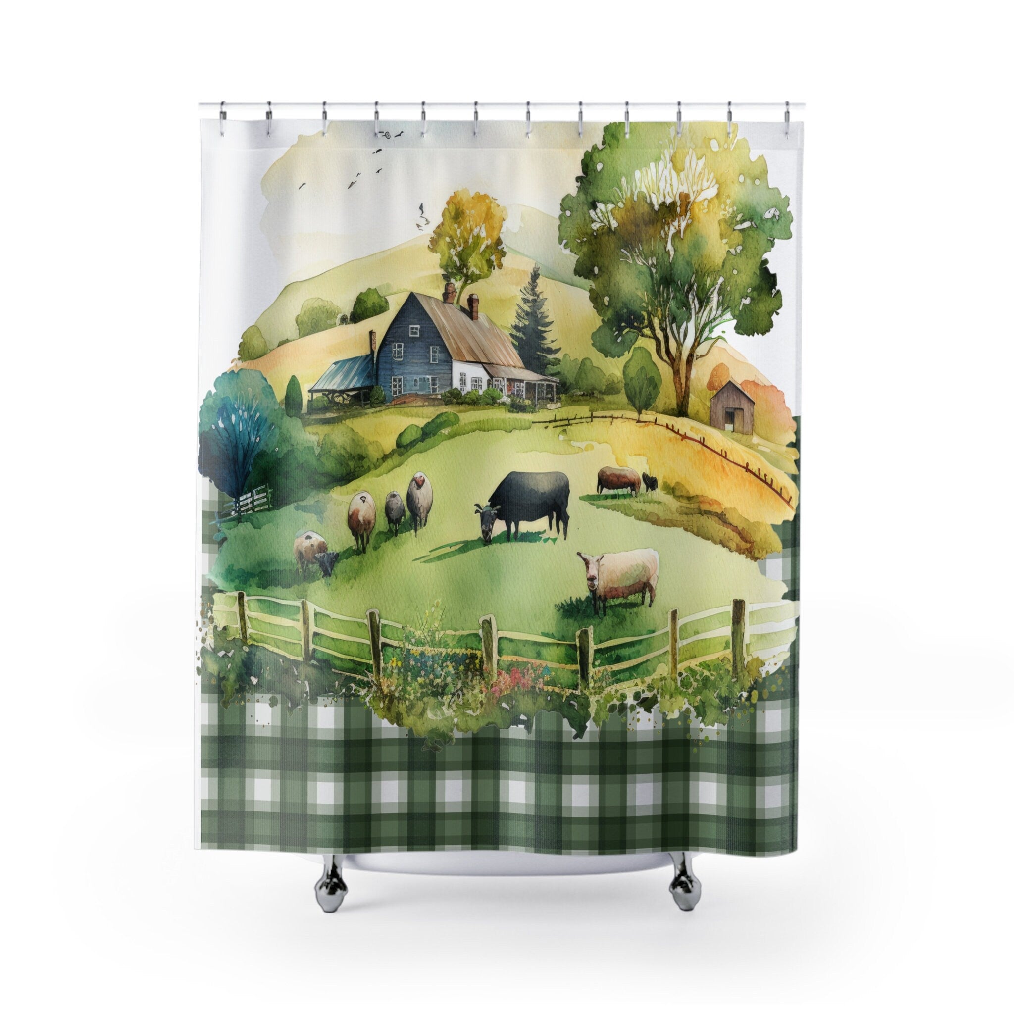 Country Farm Green Gingham Plaid Shower Curtain
