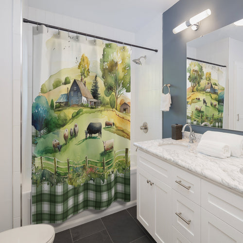 Country Farm Green Gingham Plaid Shower Curtain