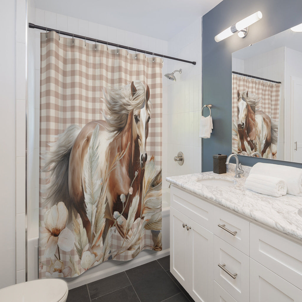 Rustic Horse in Full Beige Gingham Plaid Shower Curtain