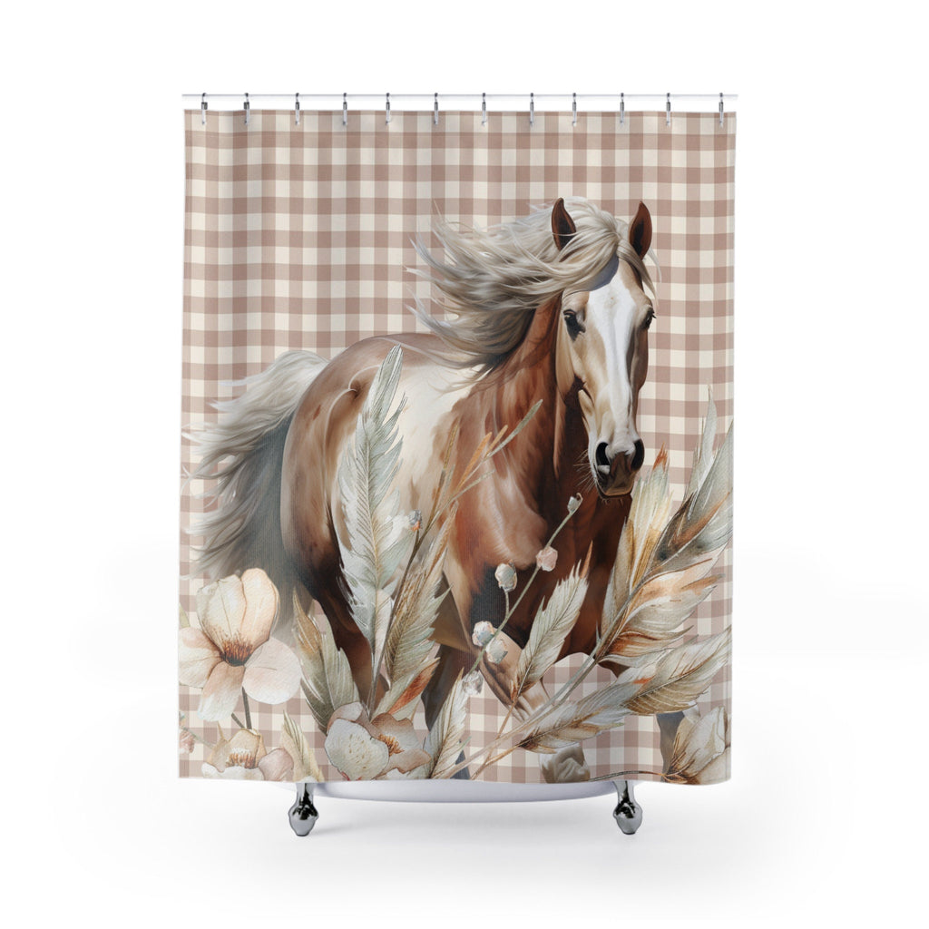 Rustic Horse in Full Beige Gingham Plaid Shower Curtain