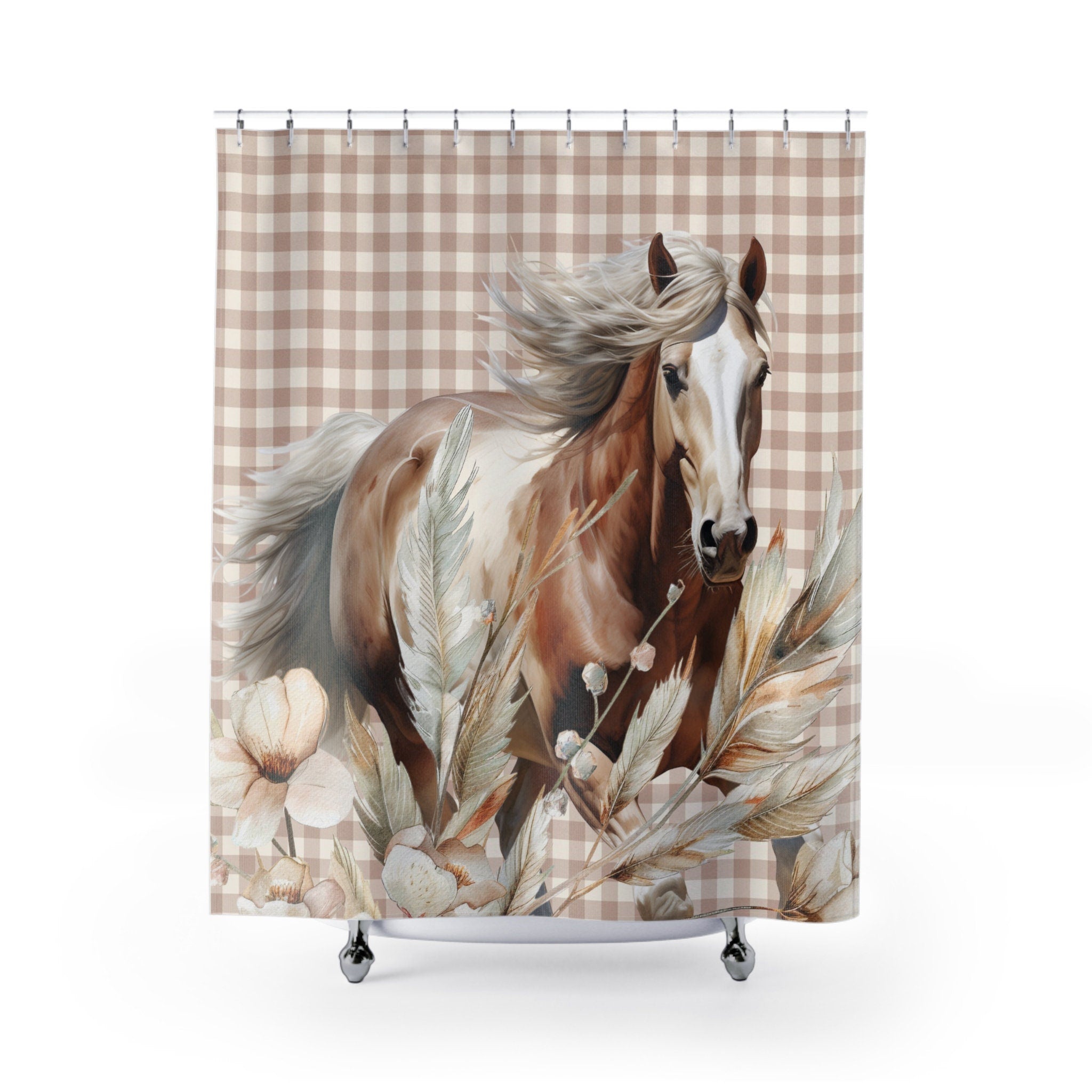 Rustic Horse in Full Beige Gingham Plaid Shower Curtain