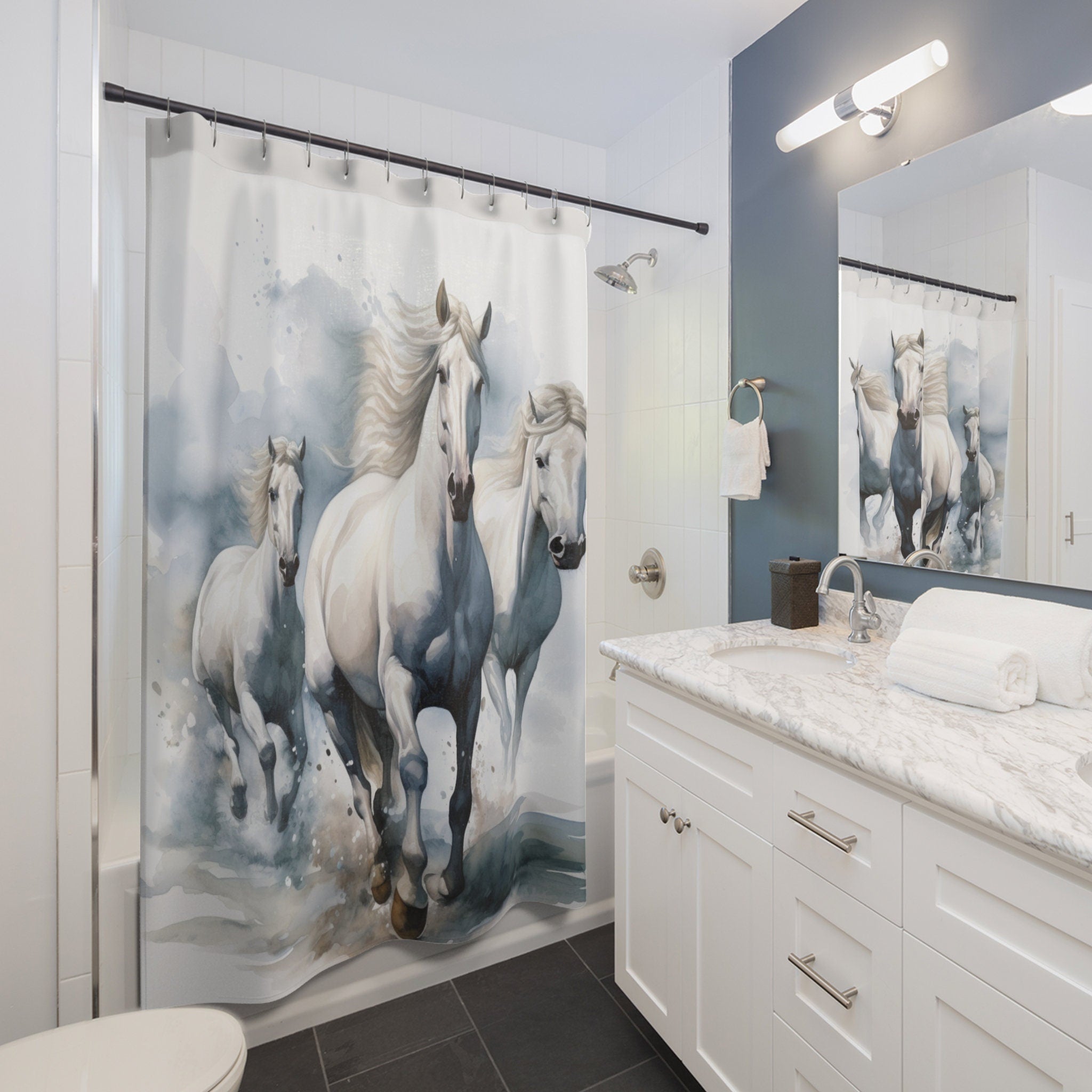 Rustic White Horses in Snow Shower Curtain