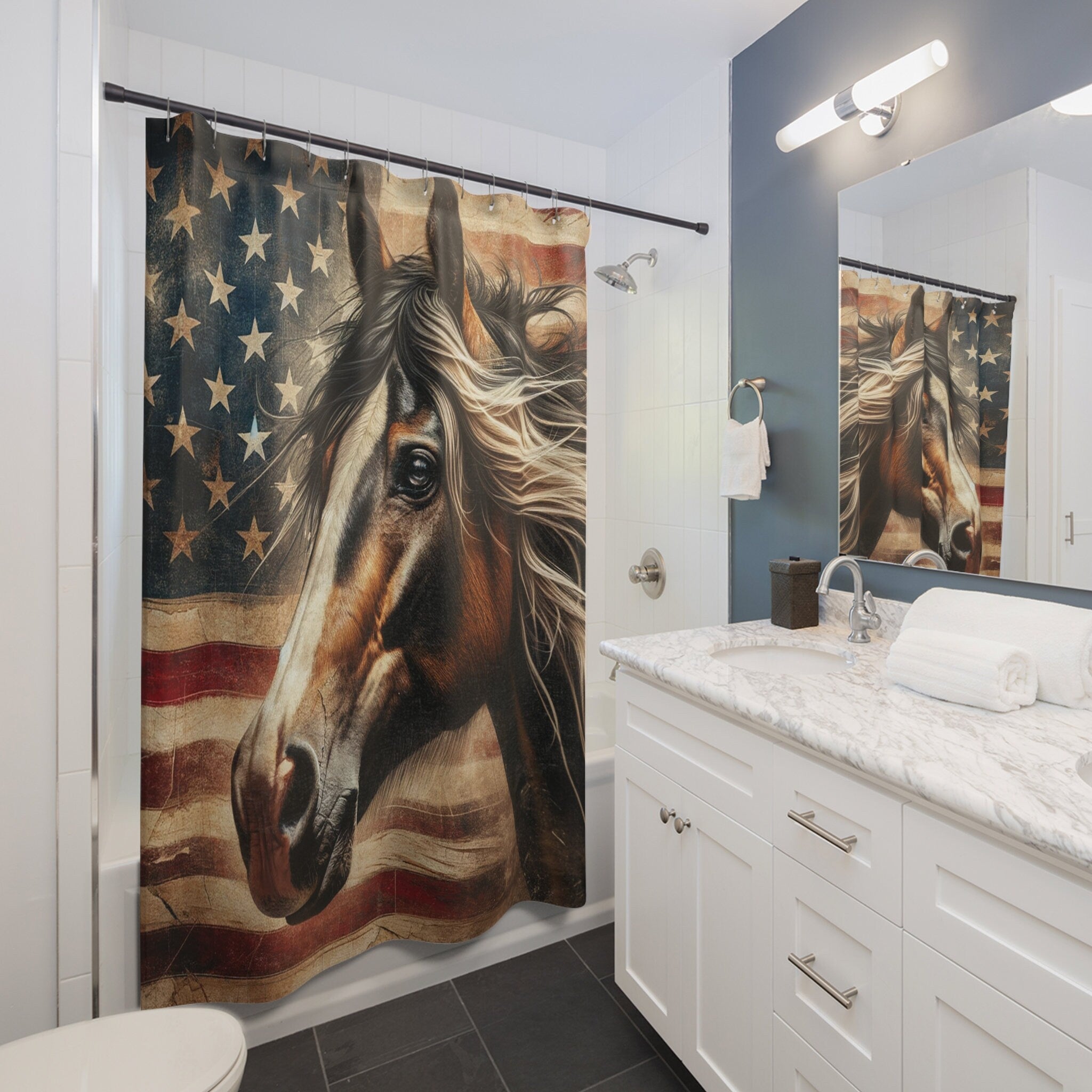 USA Flag Brown Rustic Horse Shower Curtain