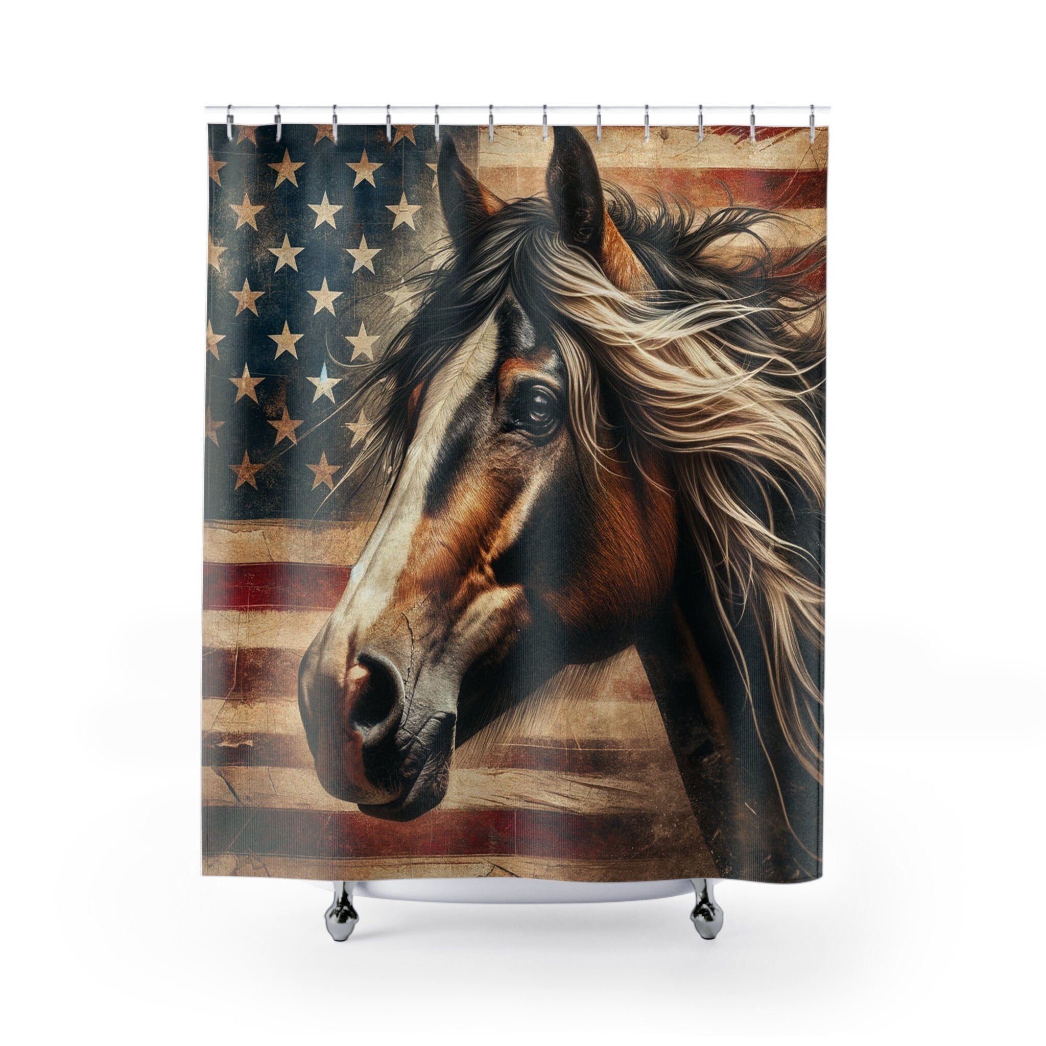 USA Flag Brown Rustic Horse Shower Curtain
