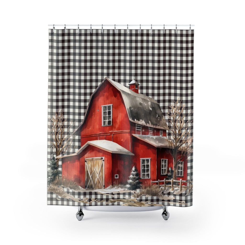 Rustic Red Barn in Snow Scene Gingham Shower Curtain