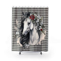 White Horse with Gingham Shower Curtain