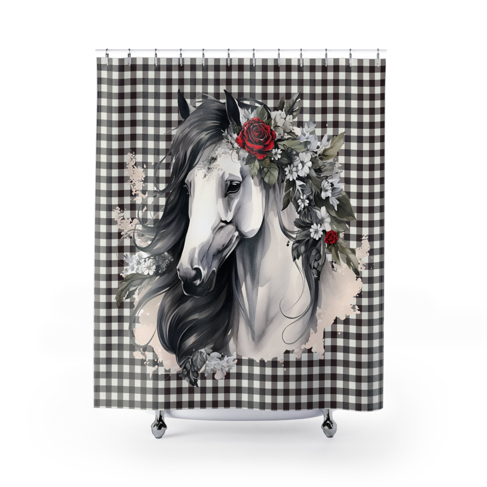 White Horse with Gingham Shower Curtain