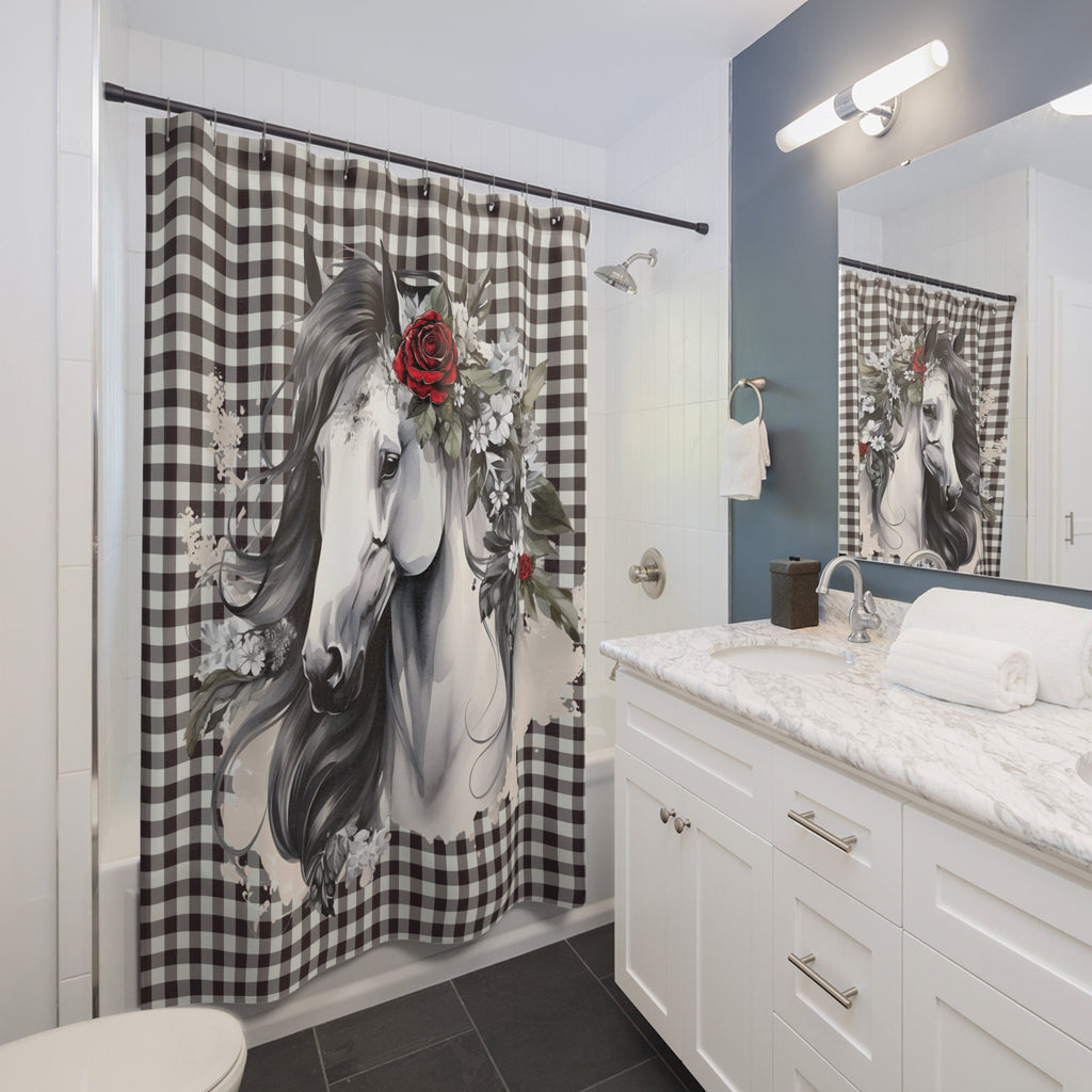 White Horse with Gingham Shower Curtain