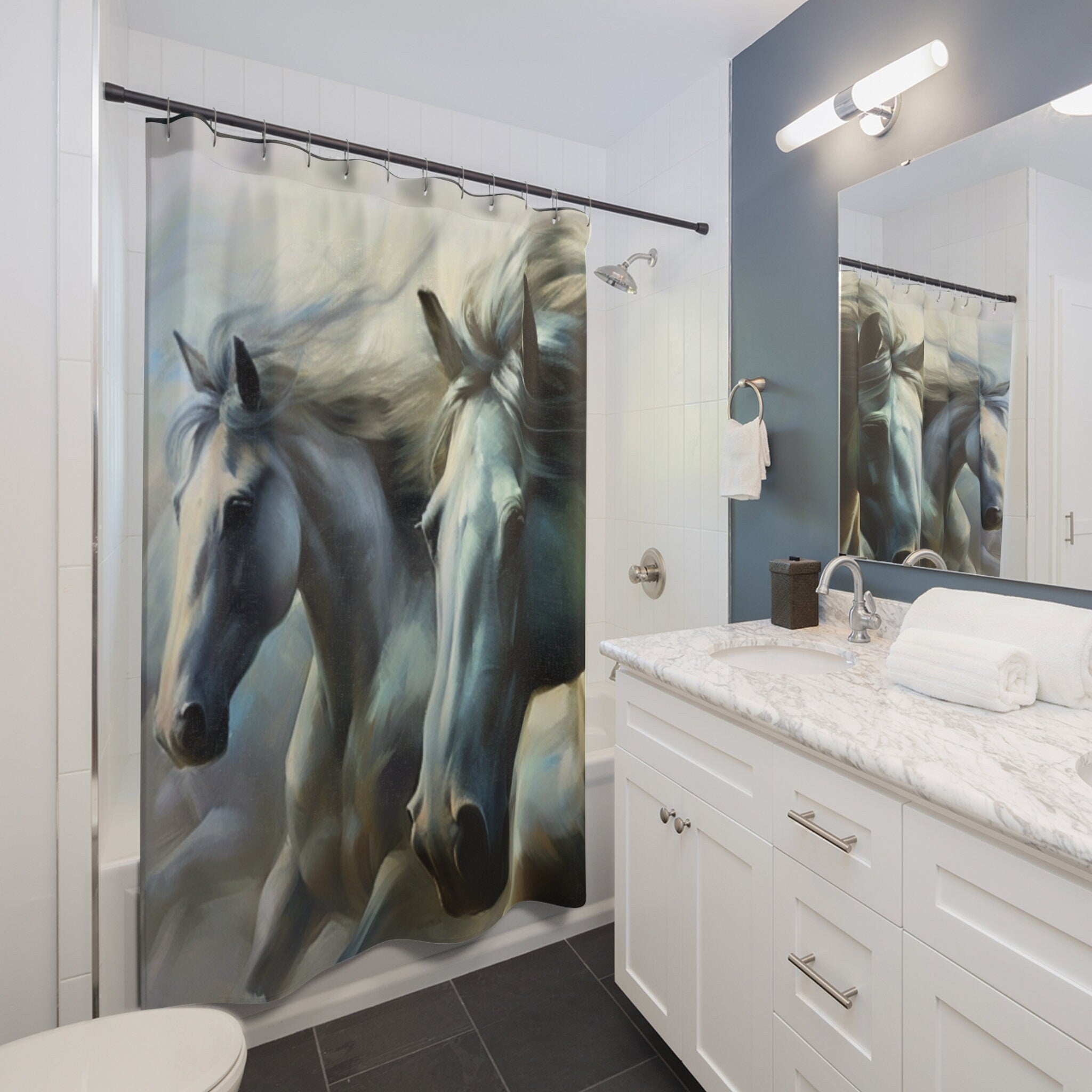 Two Majestic & Mystical White Stallions Horses Shower Curtain