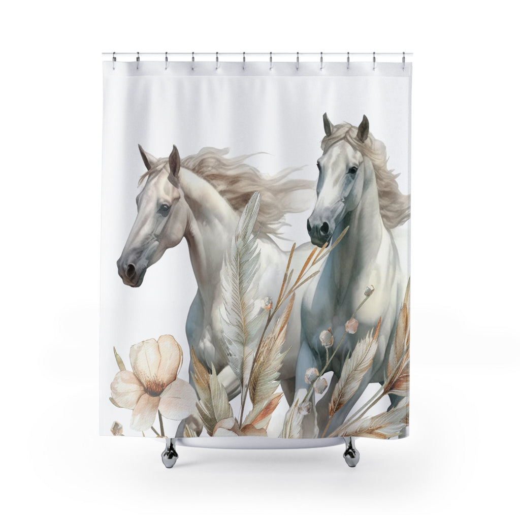 White Horses Boho Shower Curtain