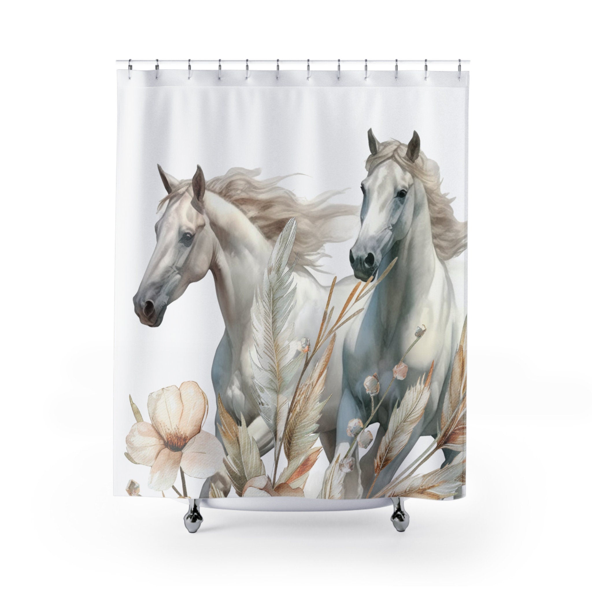 White Horses Boho Shower Curtain