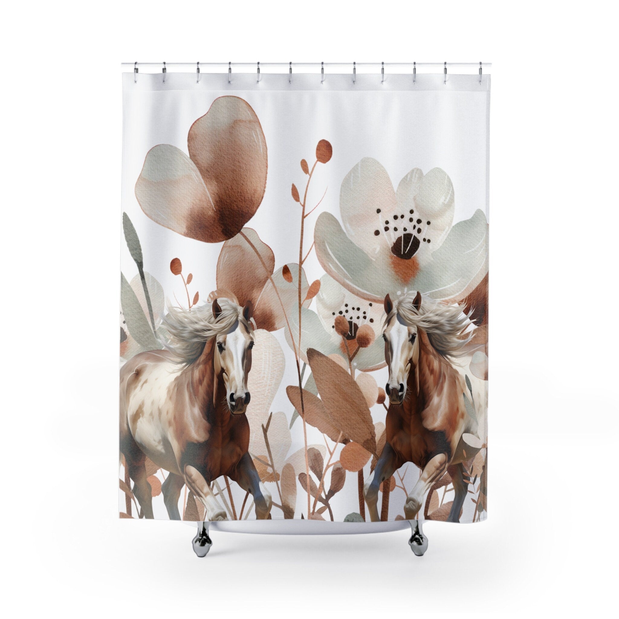 Bohemian Flowers with 2 Horses Boho Shower Curtain