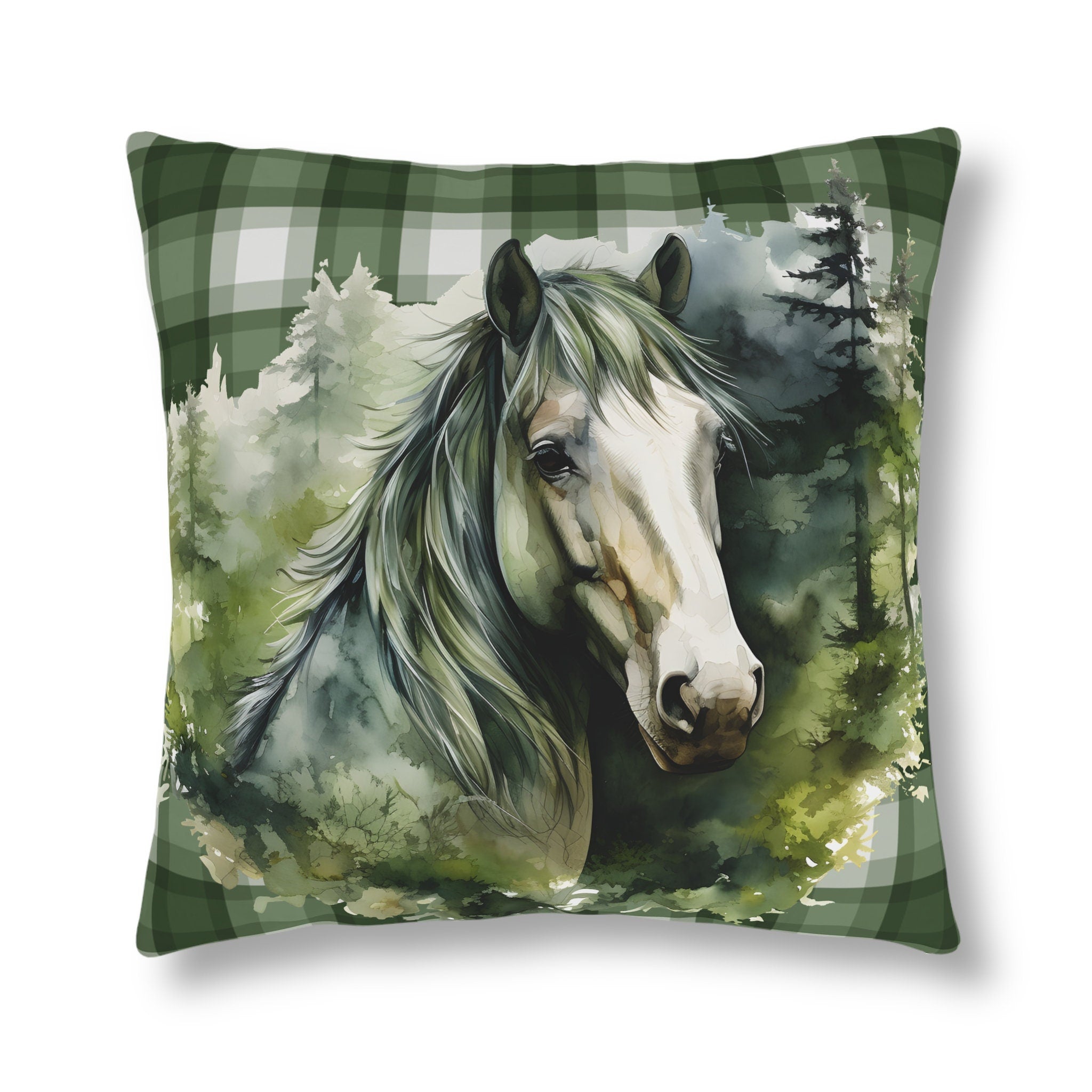 Horse in Watercolor Forest Waterproof Pillow