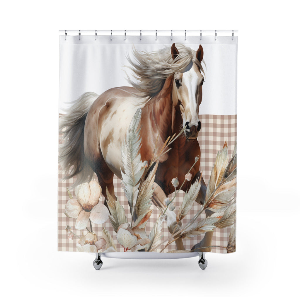 Rustic Horse in Beige Gingham Plaid Shower Curtain