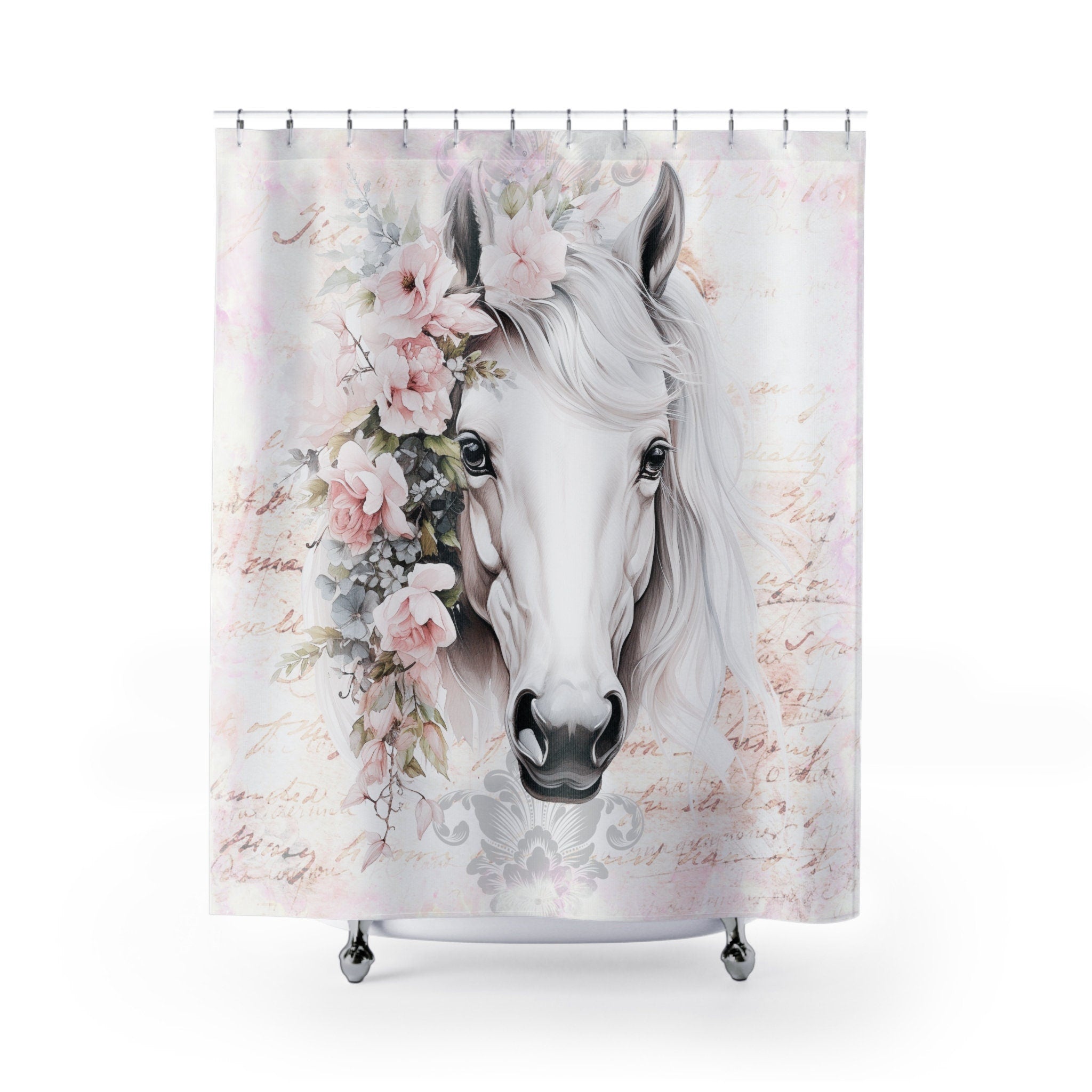 White Horse Head in Pastel Shabby Boho Shower Curtain