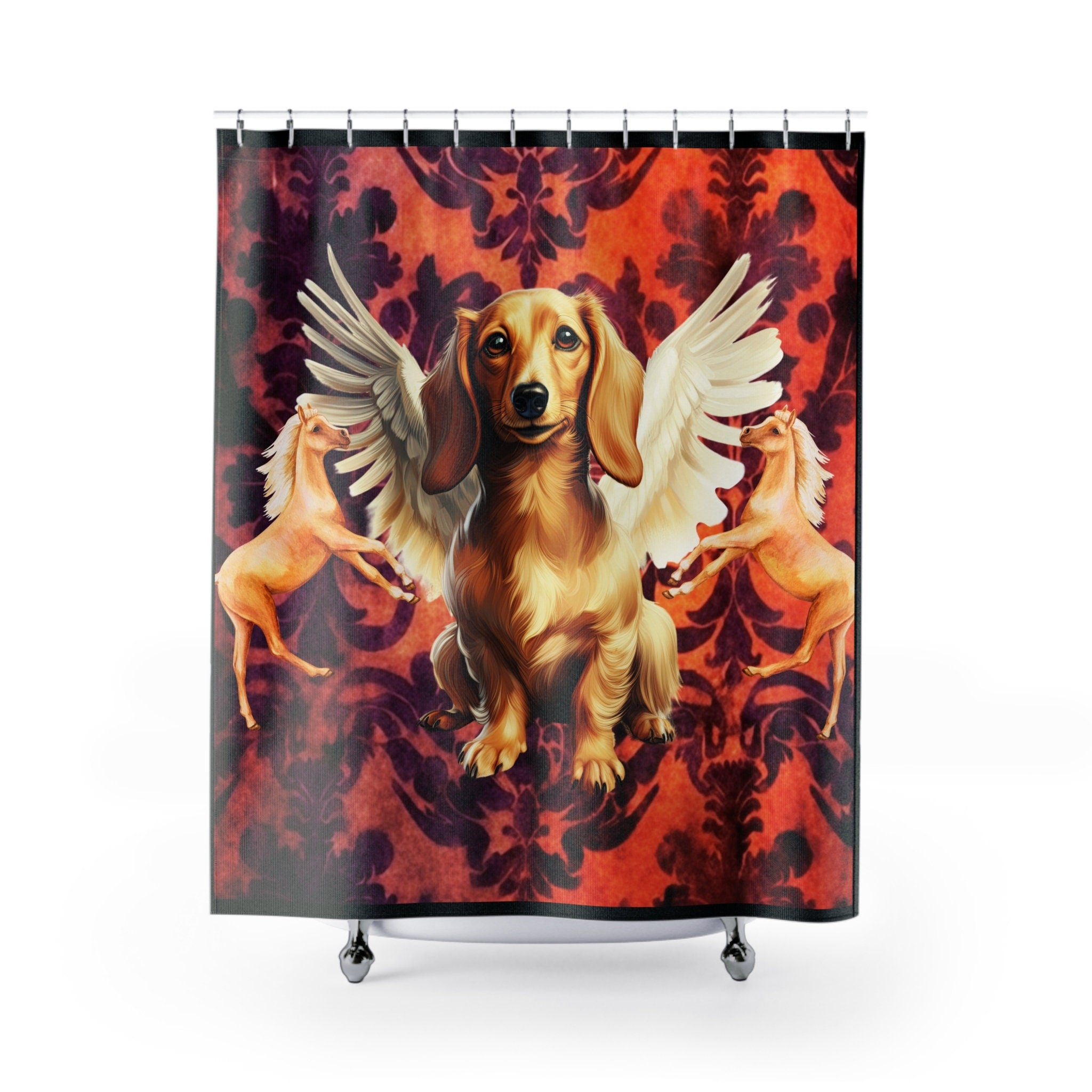 Rustic Angel Dachsund with 2 Watercolor Horses Shower Curtain