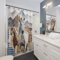 Rustic Horses in Blue Gingham Plaid Shower Curtain