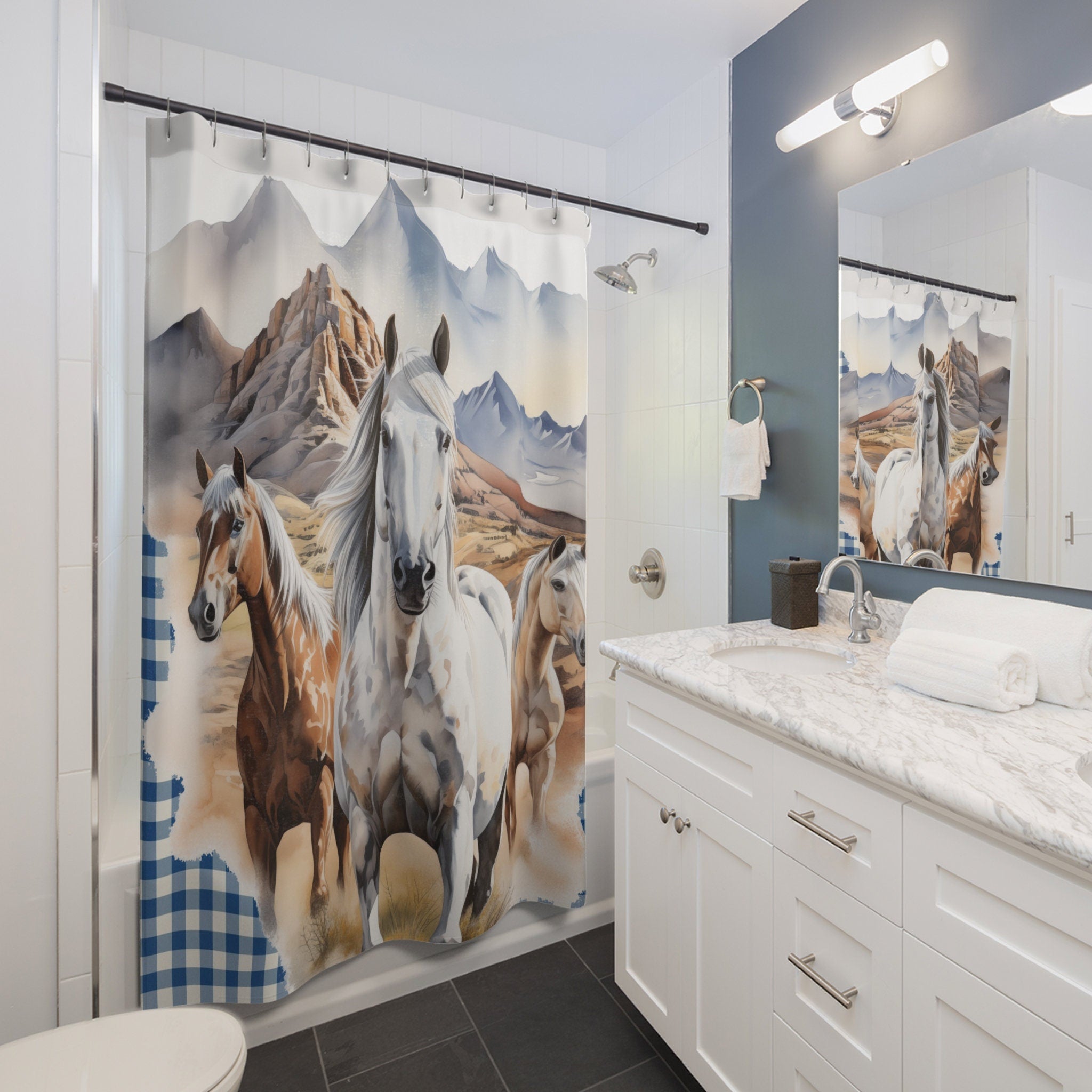 Rustic Horses in Blue Gingham Plaid Shower Curtain
