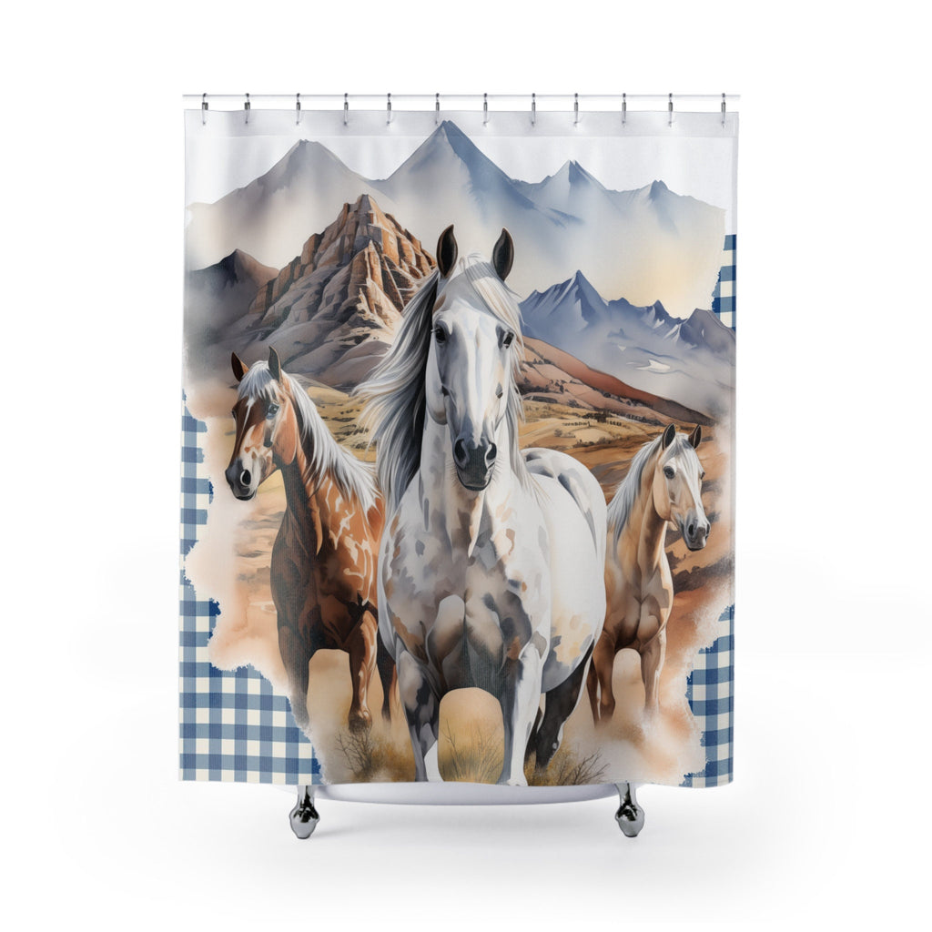 Rustic Horses in Blue Gingham Plaid Shower Curtain