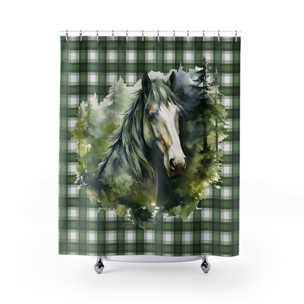 Horse in Full Green Gingham Plaid Shower Curtain
