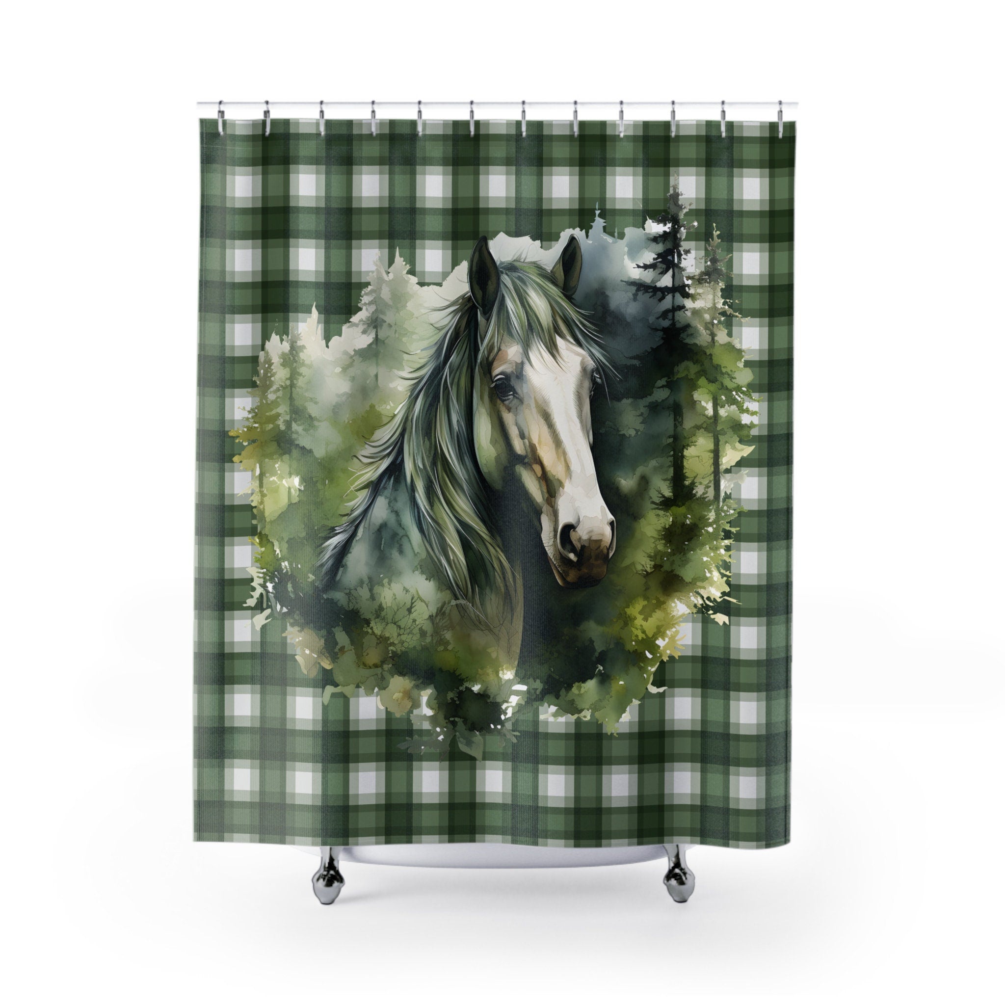 Horse in Full Green Gingham Plaid Shower Curtain