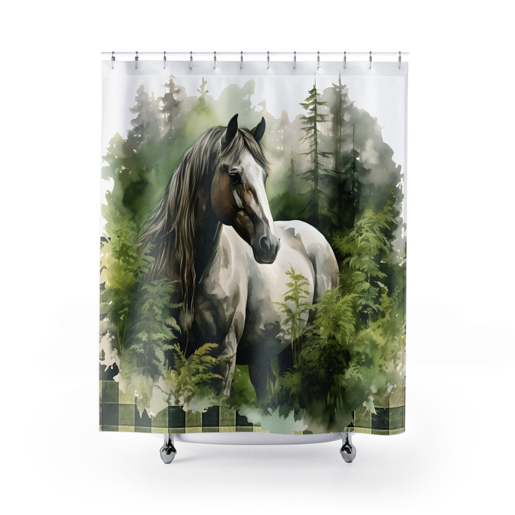 Majestic Horse In Green Grey Watercolor  Shower Curtain