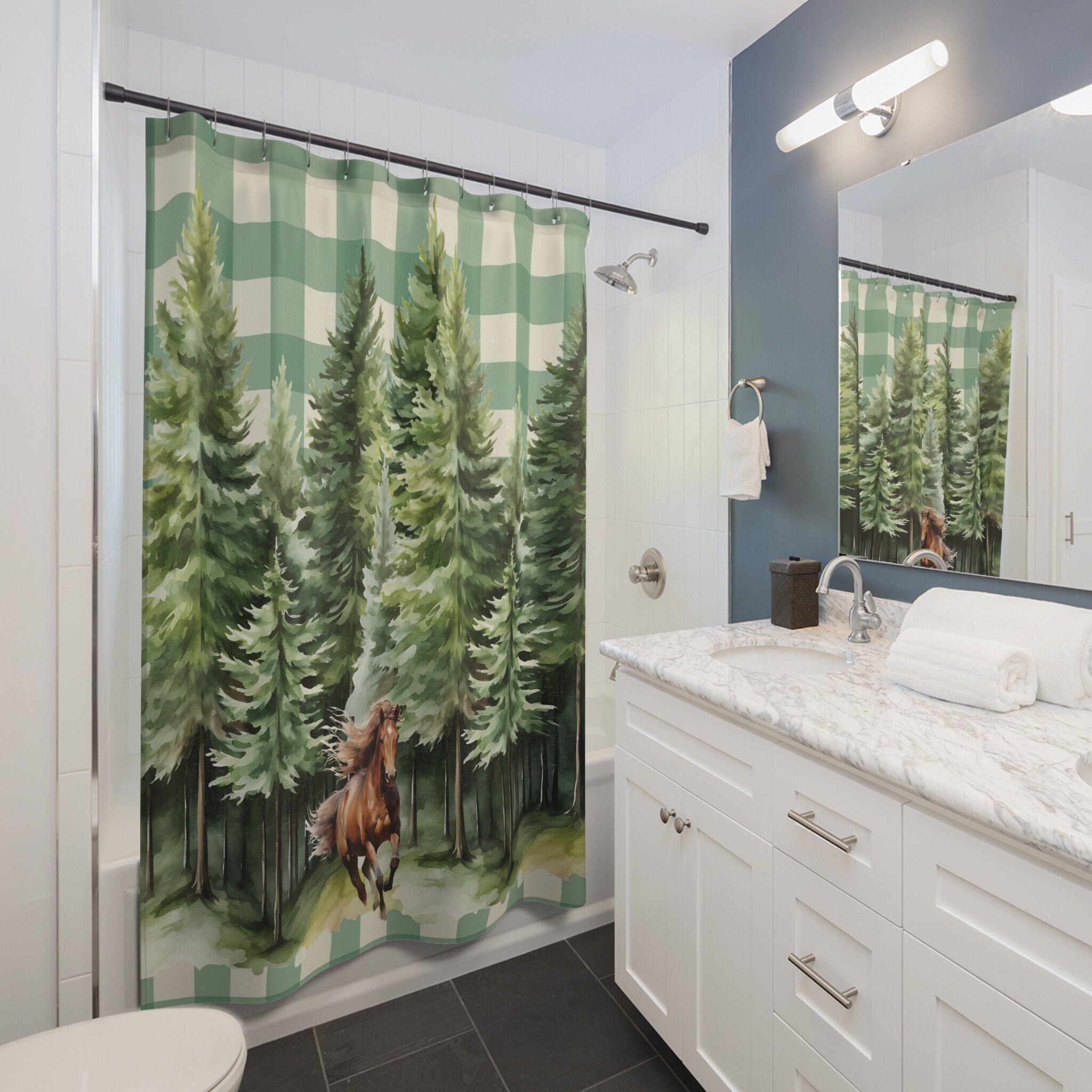 Beautiful Trees Plaid Green Gingham  Shower Curtain