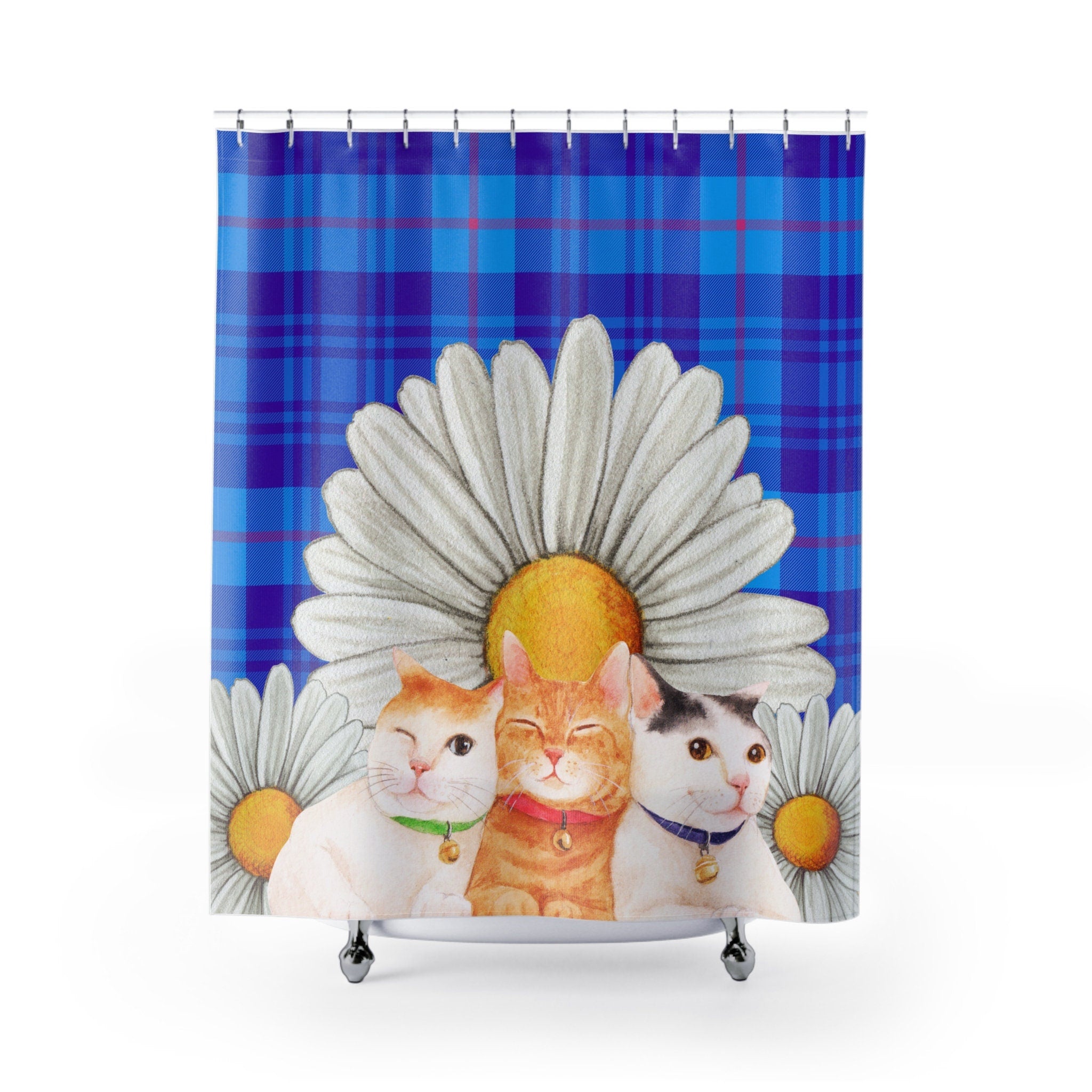 3 Cat Friends and Blue Plaid Sunflower Shower Curtain