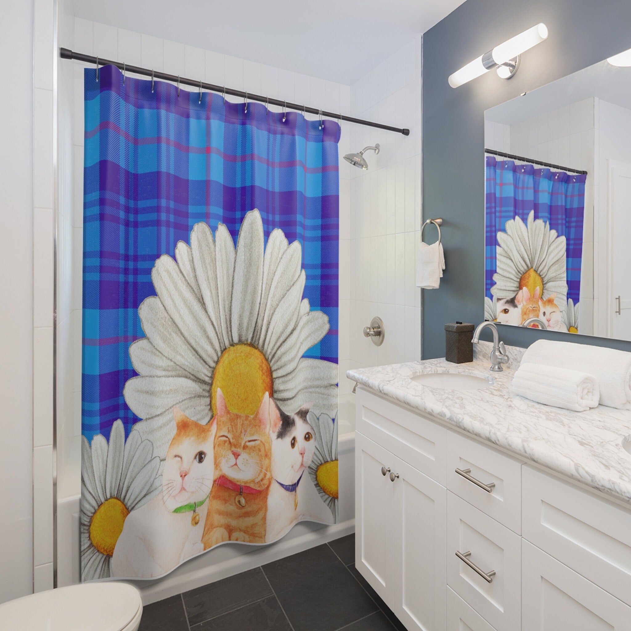 3 Cat Friends and Blue Plaid Sunflower Shower Curtain