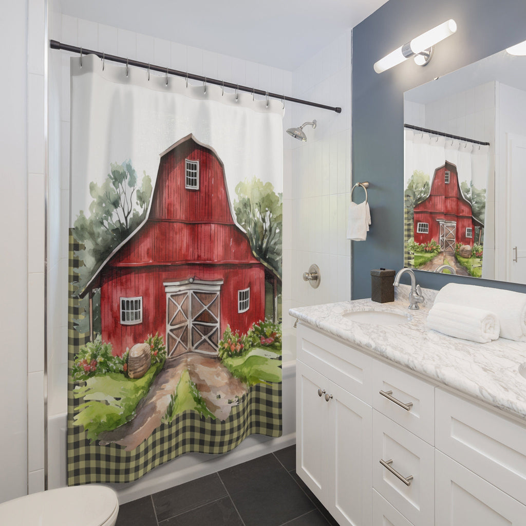 Red Barn Rustic Gingham Shower Curtain