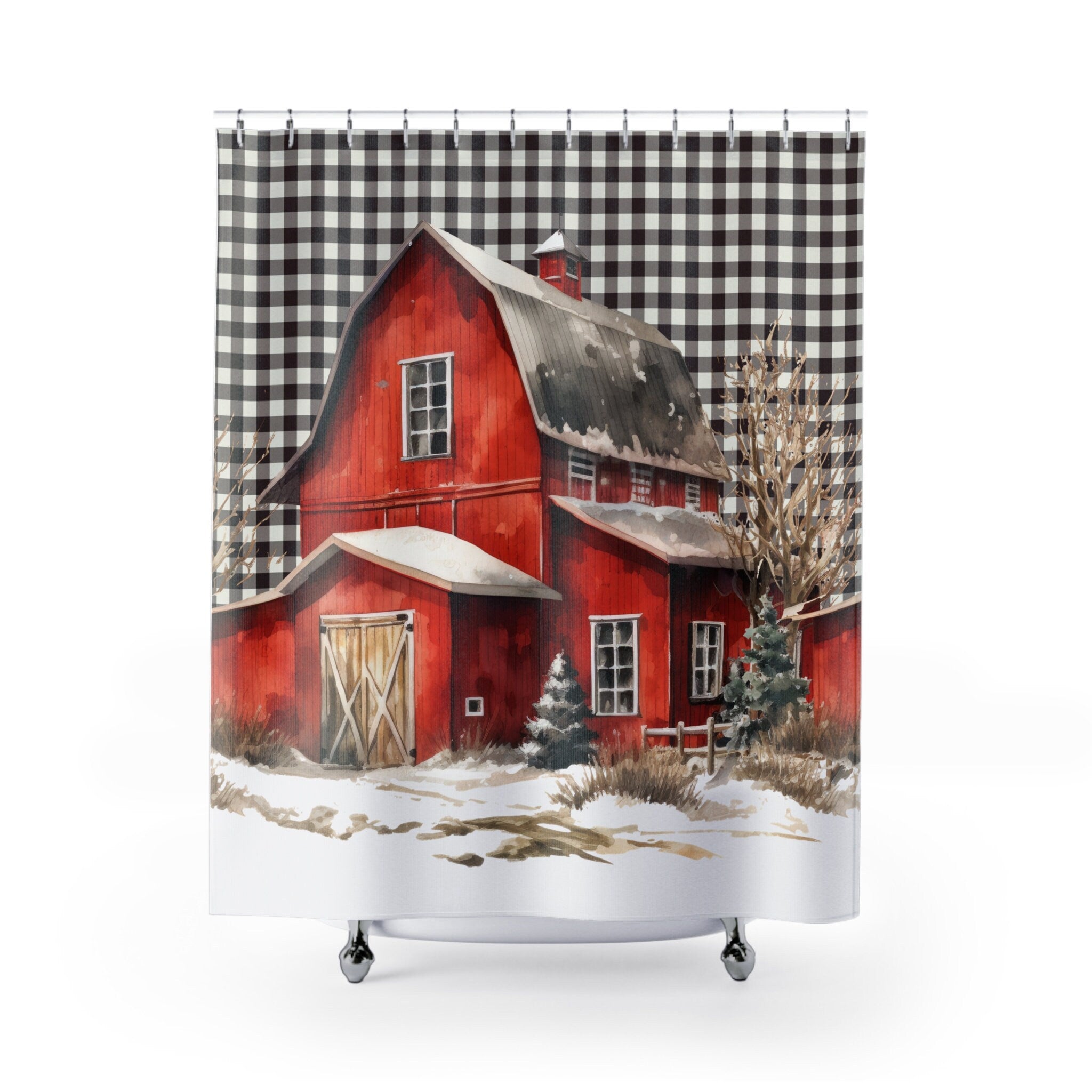 Rustic Red Barn with Gingham Snow Scene Shower Curtain
