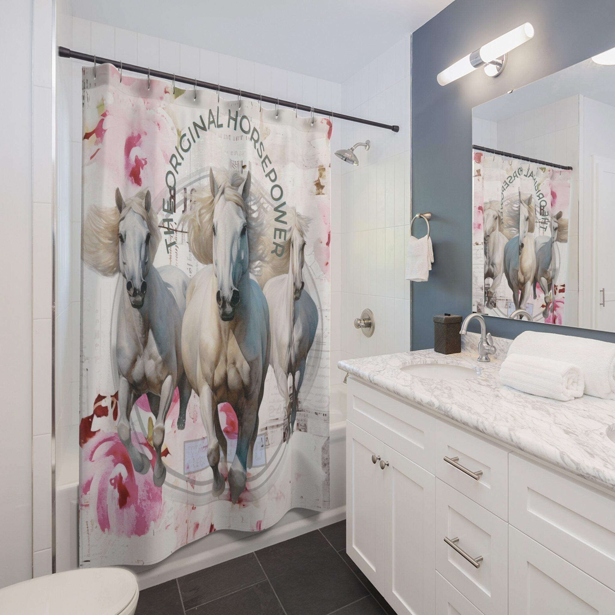 The Original Horsepower Rustic Horse Shabby Shower Curtain White
