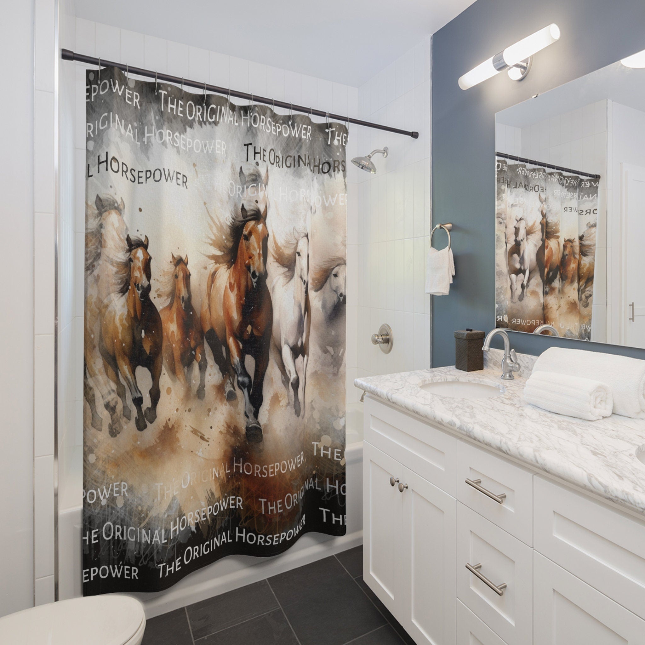 The Original Horsepower Rustic Horse Shower Curtain Black