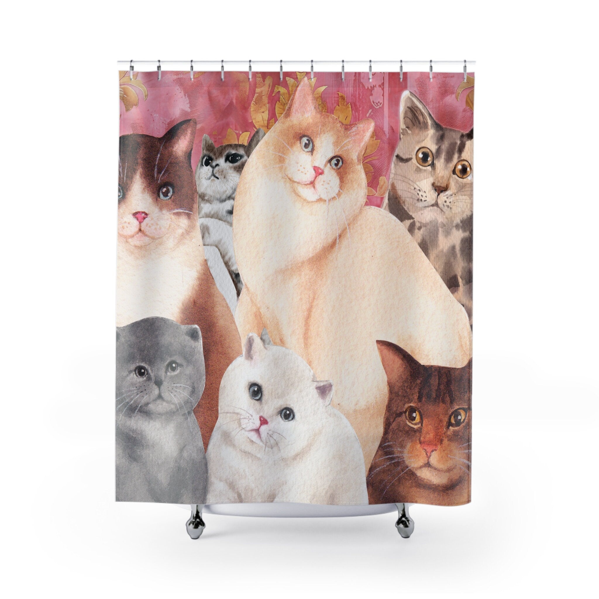 Cat Friends and Pink Damask Shower Curtain