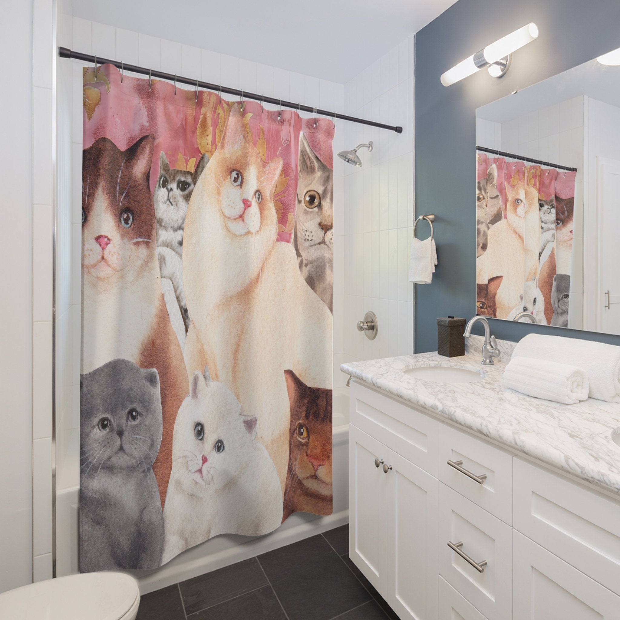 Cat Friends and Pink Damask Shower Curtain