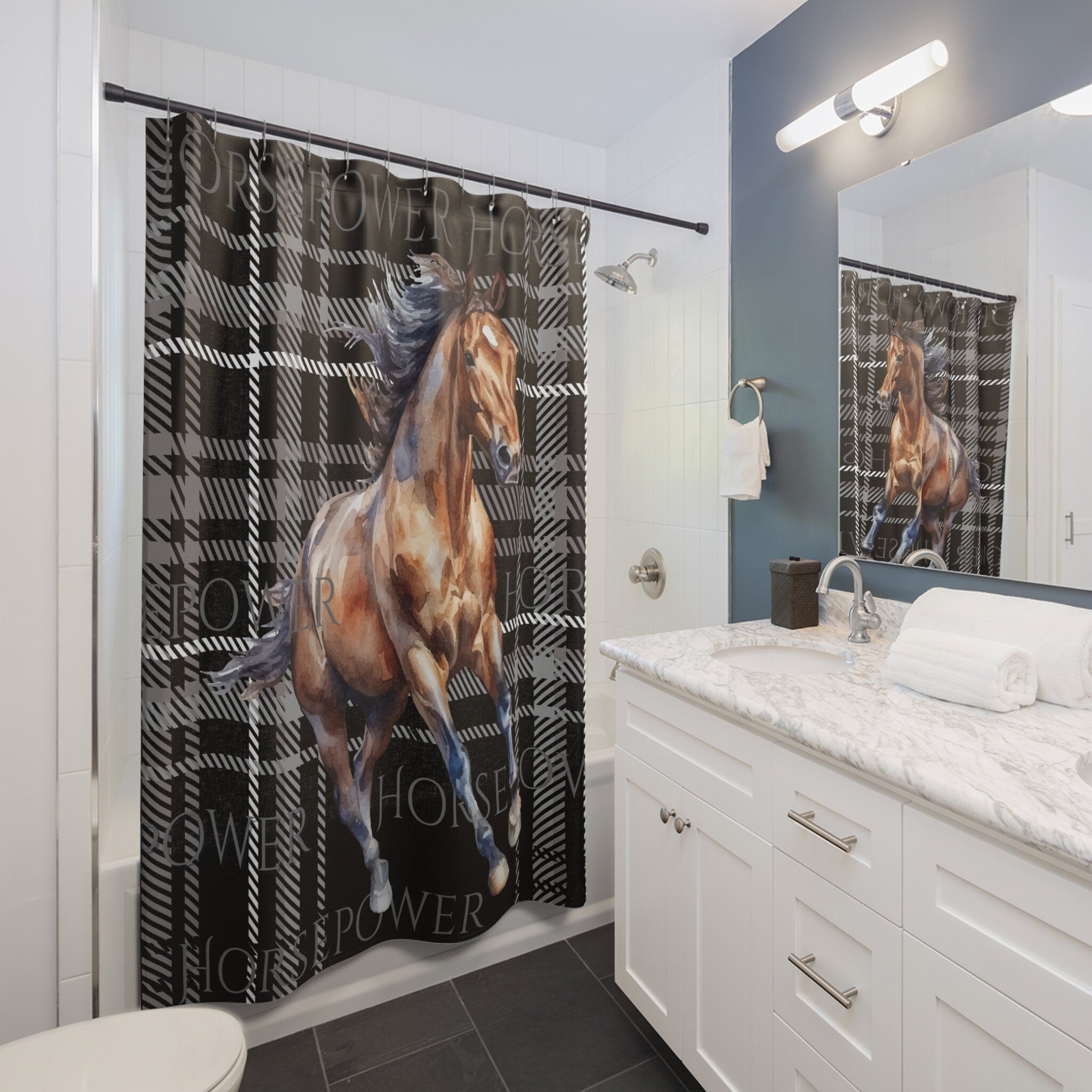 Horsepower Black Plaid Horse Shower Curtain