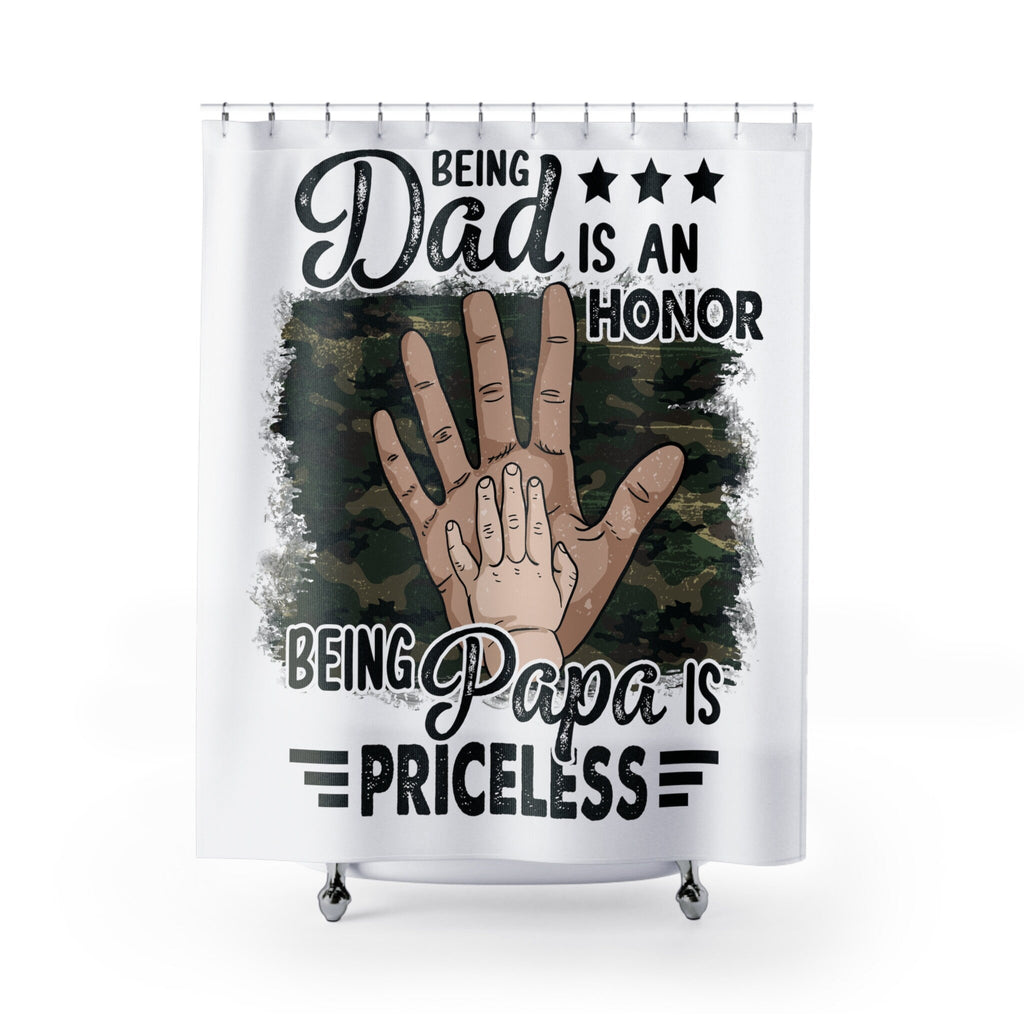 Priceless Being Papa Shower Curtain White Camo Black