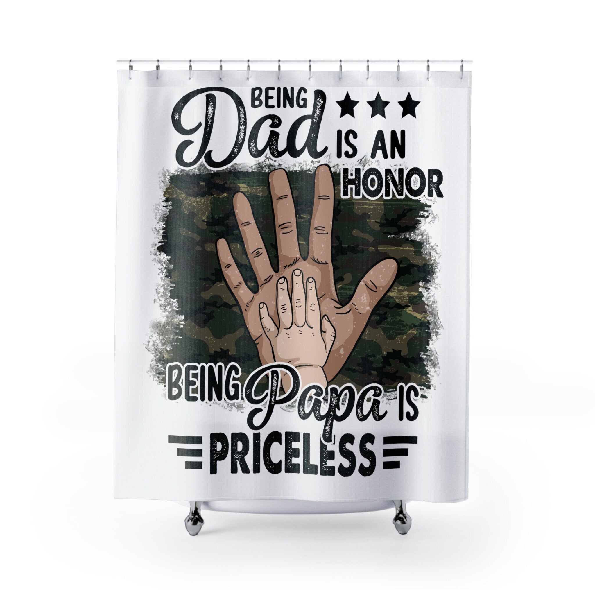 Priceless Being Papa Shower Curtain White Camo Black