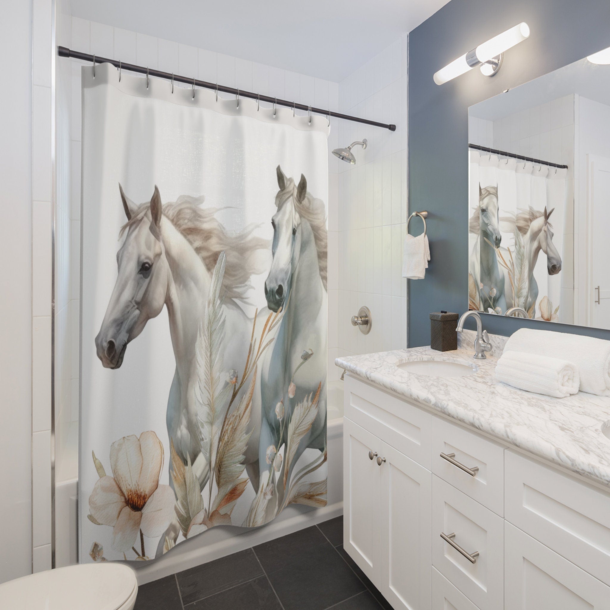 White Horses Boho Shower Curtain