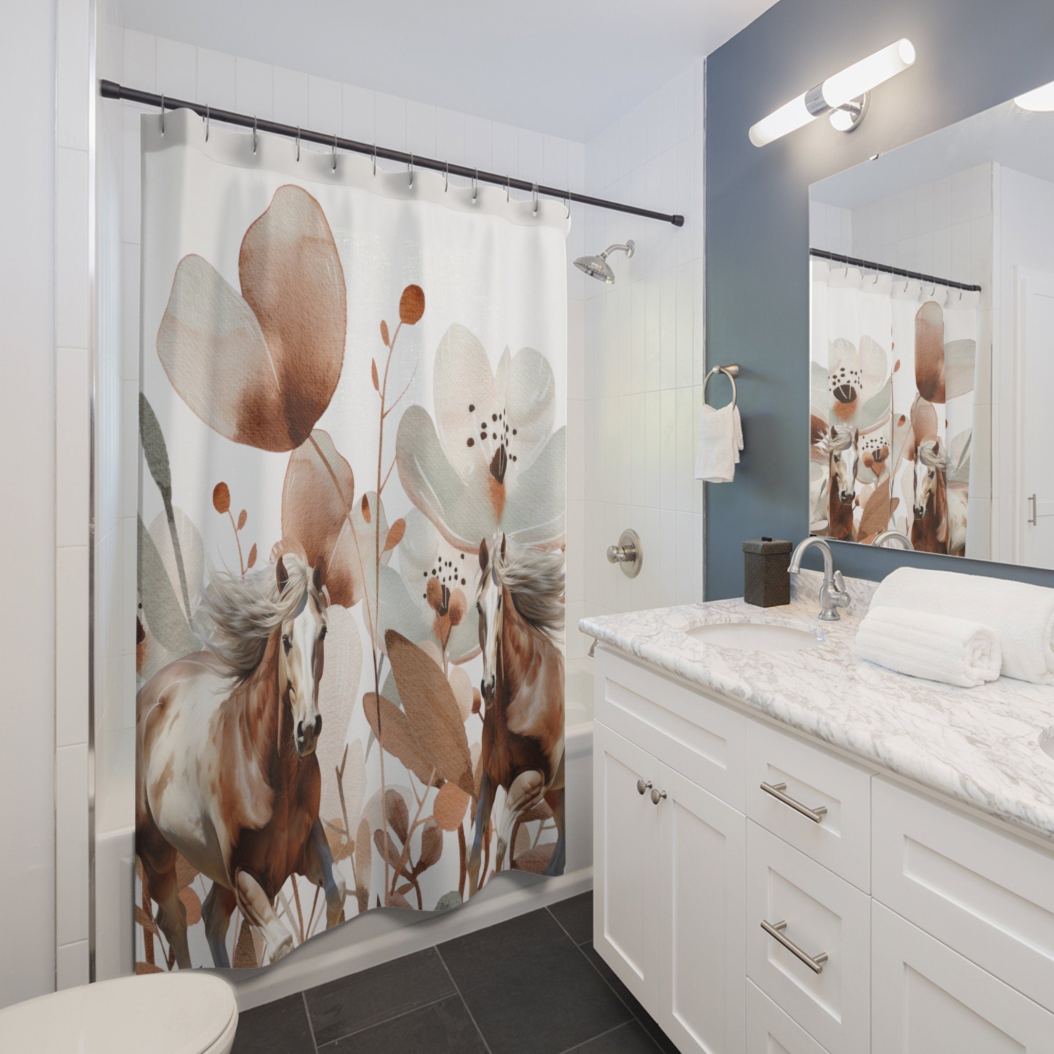Bohemian Flowers with 2 Horses Boho Shower Curtain