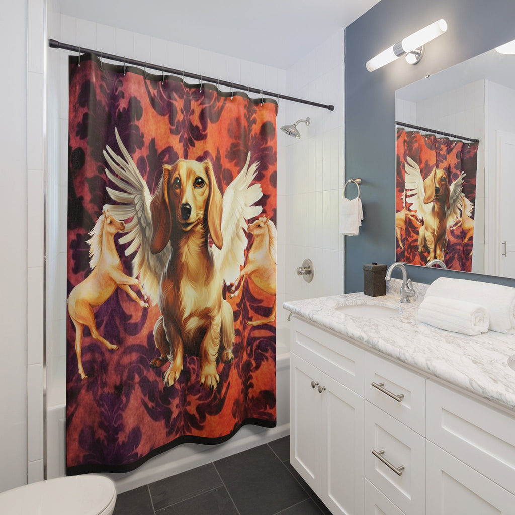 Rustic Angel Dachsund with 2 Watercolor Horses Shower Curtain