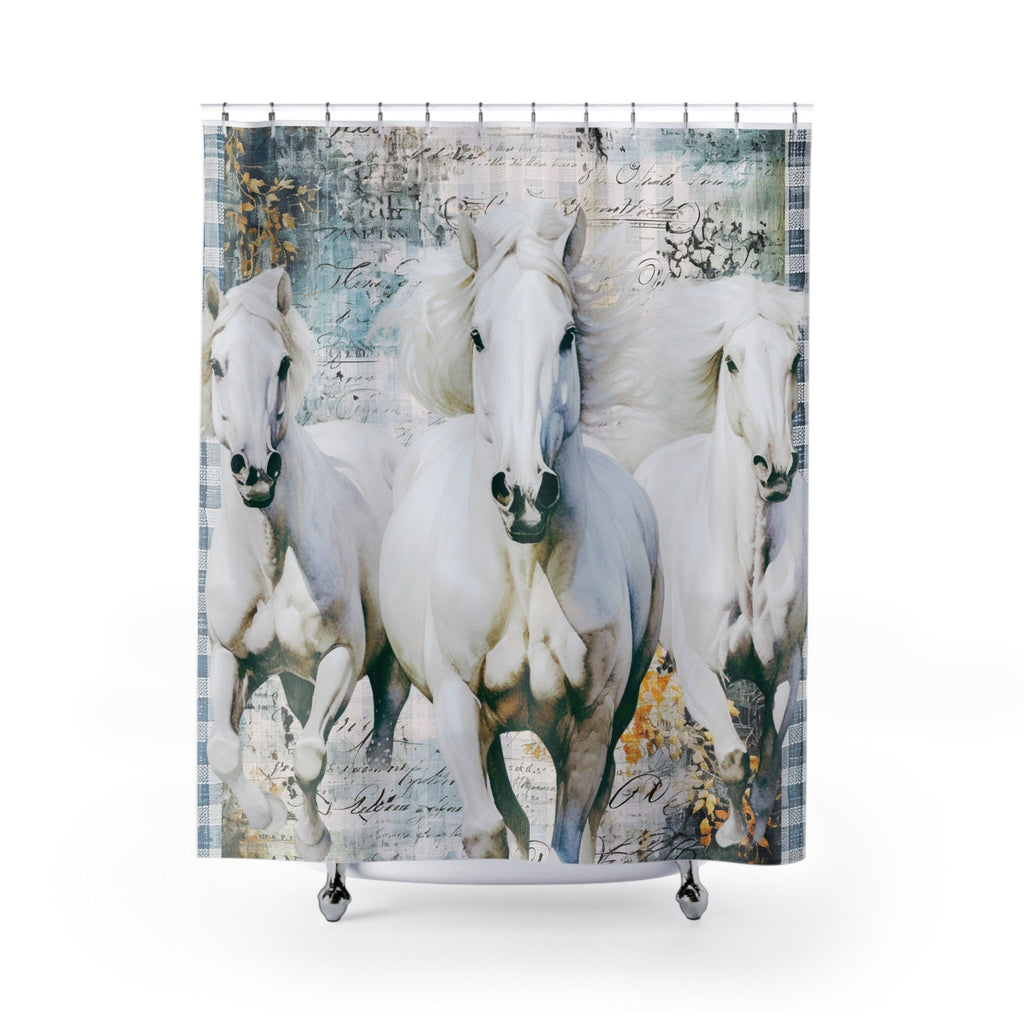 Rustic White Horses Blue Cream Plaid Shower Curtain