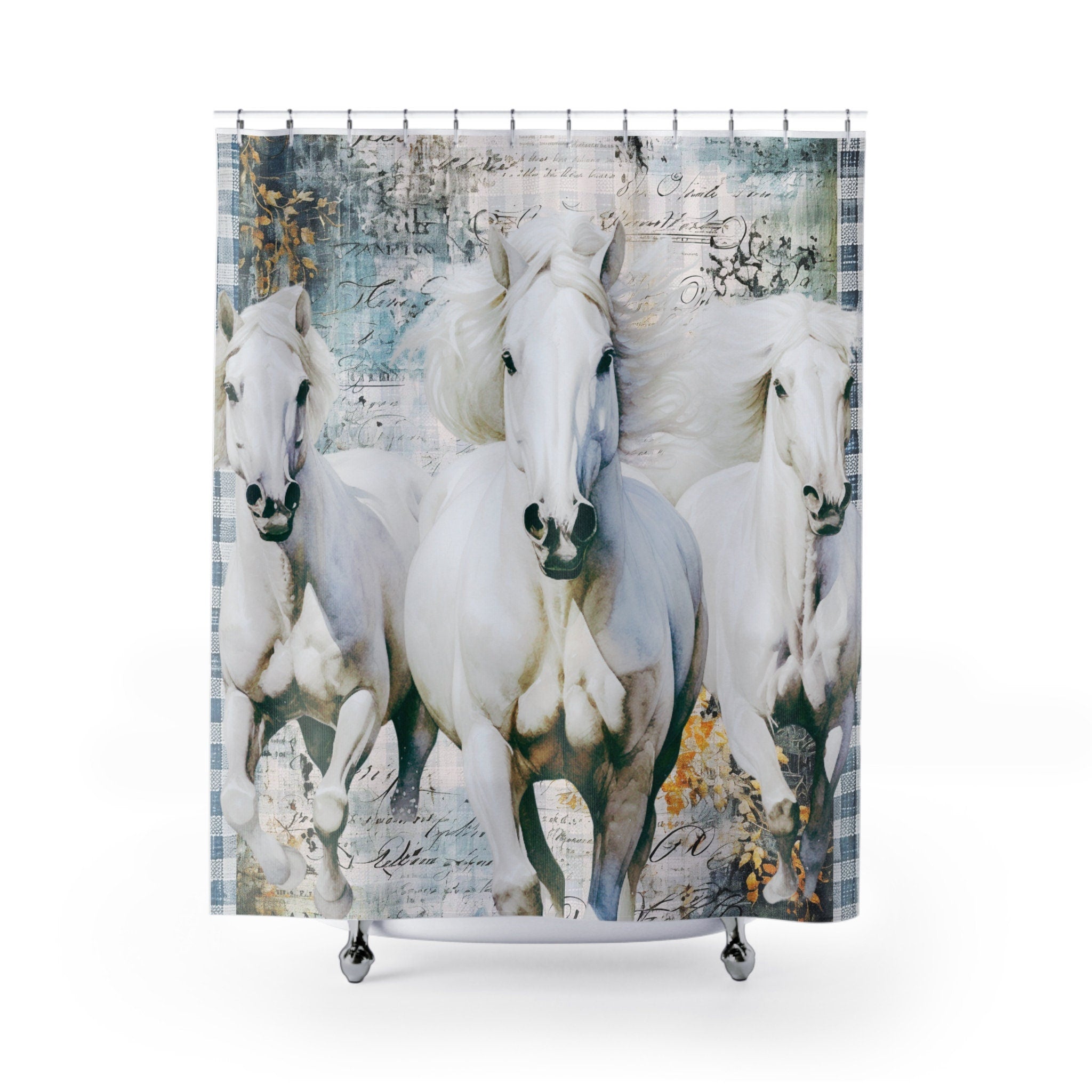 Rustic White Horses Blue Cream Plaid Shower Curtain