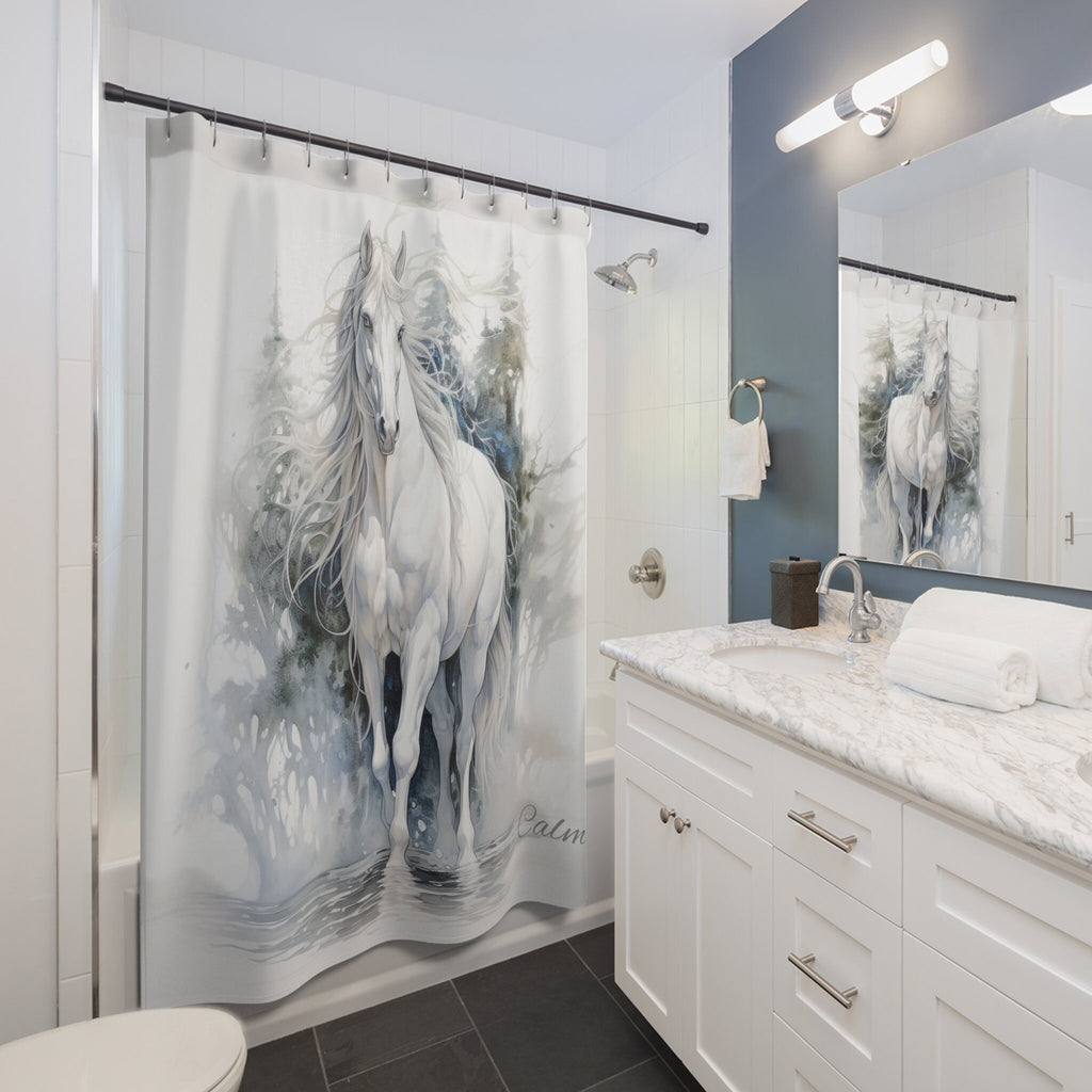 White Stallion Calm Majesty  Boho Shower Curtain